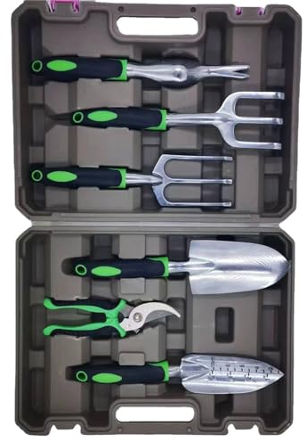 BAILEYU Gartengeräte Set 7-teilig Aus Aluminium mit Handkelle, Harke, Kultivator, Baumschere, Unkrautstecher, Pflanzspaten, Tragetasche