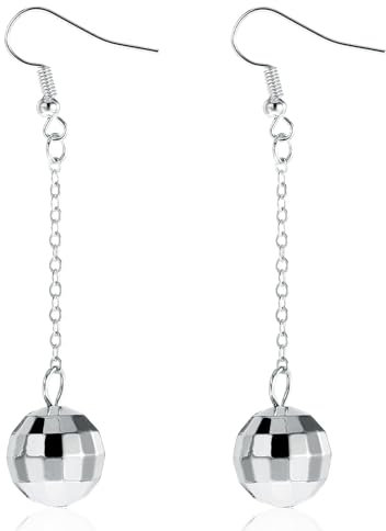 Mabor Lange Ohrringe 70er Jahre Outfit Damen,Discokugel Ohrringe Silber Disco Outfit Damen Mirror Disco Ball Earrings Silber Spiegelkugel Discokugel Schmuck Dangle Earring Mädchen Vintage Thema Party