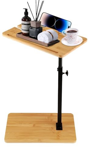 C-Shaped Side Table, Over Bed Table Adjustable Height Couch Side End Table 360° Swivel, Bedside Table Sofa Table with Phone Holder, Bamboo Bathtub Tray Table for Living Room Sofa Couch Bedrooom