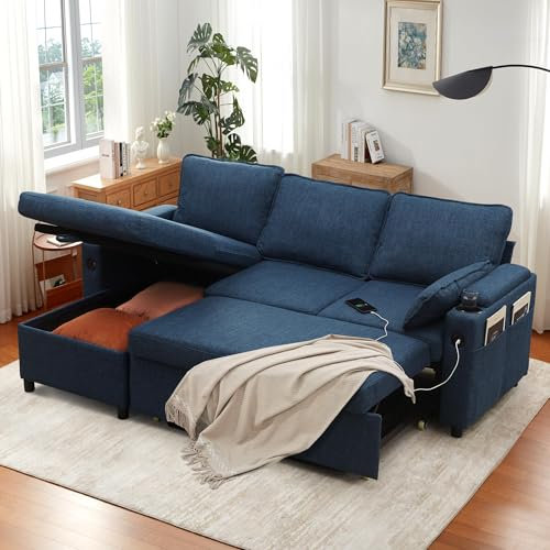 DURASPACE Sofa Bed, Sleeper Sofa Couch with Pullout Bed for Living Room, L Shaped Couch with Storage Chaise, USB, Cup Holder (Blue Linen)