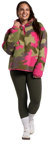 OHS Teddy Fleece Jacket Women, Camouflage Half Zip Fleece Women Pullover Ultra Soft Cosy Womens Sweatshirt Casual Long Sleeve Sweater Top for Travel Hiking, Pink/Green - L/XL