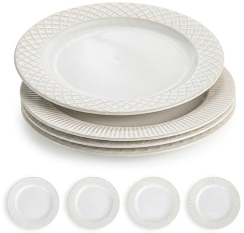 Ceramic Dinner Plates Set of 4, 26.4cm Embossed Stoneware Plates, Modern Farmhouse White Dishes for Pasta, Steak & Salad, Kitchen Serving & Gifting, Microwave, Oven & Dishwasher Safe