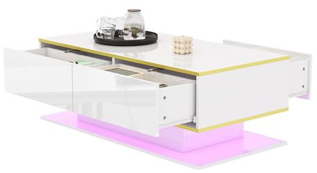 HaoChrymec Table Basse Moderne avec LED, Plateau Laqué Blanc, Ornements Dorés, 3 Tiroirs Et Lumières LED USB Réglables, Table Multifonction pour Salon, 100 x 50 x 40 cm