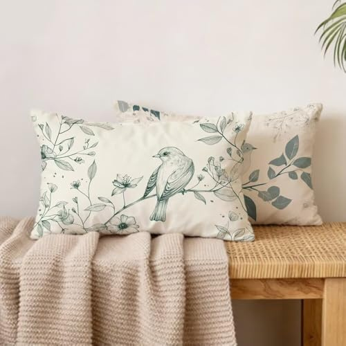2er Set Kissenbezug 40x60 cm Vogel – Outdoor Kissen Wetterfest in Leinen-Optik – Doppelseitig Bedruckte Pillow Cover, Deko Kissen Grün mit Unsichtbarem Reißverschluss für Balkon, Wohnzimmer 0I-512