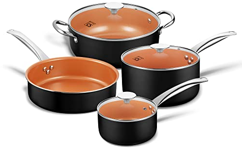 CSK - Juego de utensilios de cocina de cobre de 7 piezas, juego de sartenes y ollas antiadherentes con revestimientos de cerámica, juego de utensilios de cocina, compatible con todas las estufas, 100%