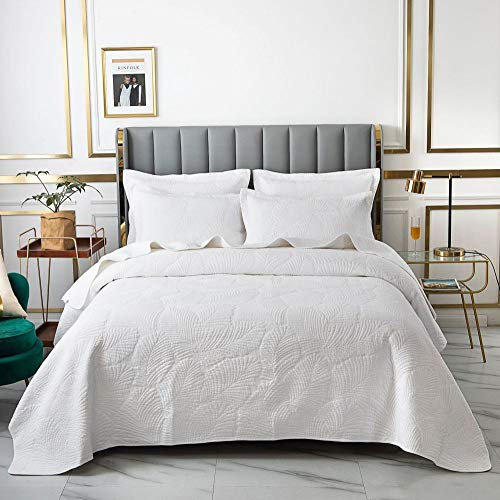 Amerikanischer Stil Bettueberwurf Tagesdecke Doppelbett 100% Baumwolle Gesteppte Steppdecke Stickerei 3PCS Schlafzimmer Dekoration Multifunktions Bettdecke + 2 Kissenbezüge 50x70cm,White-250x270cm