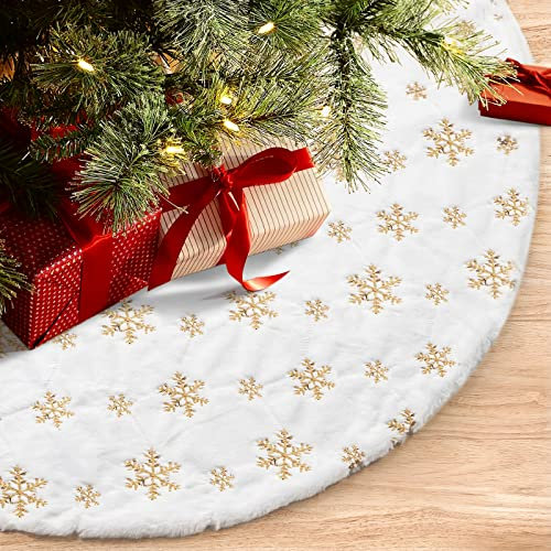 COOLWUFAN 48 inches/120cm Jupe de Sapin de Noël pour Arbre de Noël Décorations de Fête de Vacances Blanc en Peluche Doré Sequin Flocon de Neige