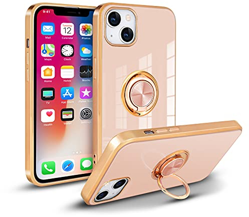 Newseego Case Compatible with iPhone 13, Shiny Electroplated Soft Slim Silicone iPhone 13 Protective Case, 360 Degree with Rotation Magnetic Car Finger Ring Holder for iPhone 13-Pink.