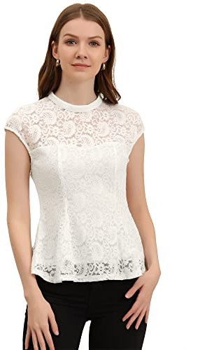 Allegra K Women's Crochet Peplum Floral Crochet Mock Neck Tops Cap Sleeve Lace Blouse, White, L