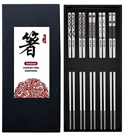 Bosdontek Palillos de Metal Reutilizables 5 Pares de Palillos de Acero Inoxidable, Palillos de Metal Aptos Para Lavavajillas, Altos Palillos Chinos de Metal de Calidad de Lujo Plaza Juego de Regalo