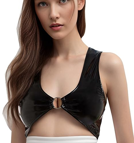 TACKTIMES Damen Crop Top Neckholder Brustfrei BH Weste Tank Tops Kurze Leder Schulterfrei Shirt Bikini Oberteil Clubwear (XL, Schwarz)