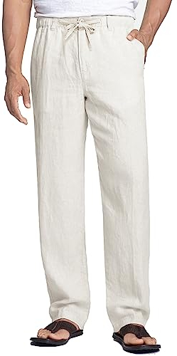 COOFANDY Herren Leinenhose Leicht Sommerhose Yogahose Seitetasche Strandhose Herren Hose Lang aus Baumwollmischung Männer Schlupfhose Weiß 3XL