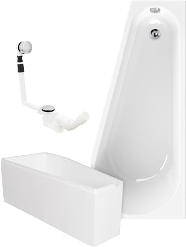 Calmwaters® Raumspar-Badewannen-Set 160x70 cm, Made in EU, mit Wannenträger & Ablaufgarnitur, Acrylwanne Essential Small, platzsparende Wanne, Set Badewanne komplett, 160 x 70 cm, Weiß