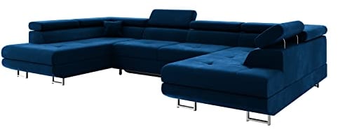 MEBLINI Schlafcouch mit Bettkasten - Ecksofa mit Schlaffunktion - Sofa mit Relaxfunktion und Kopfstützen - Couch U-Form - Eckcouch - Wohnlandschaft - Carl - 338x203x55cm - Blau Samt