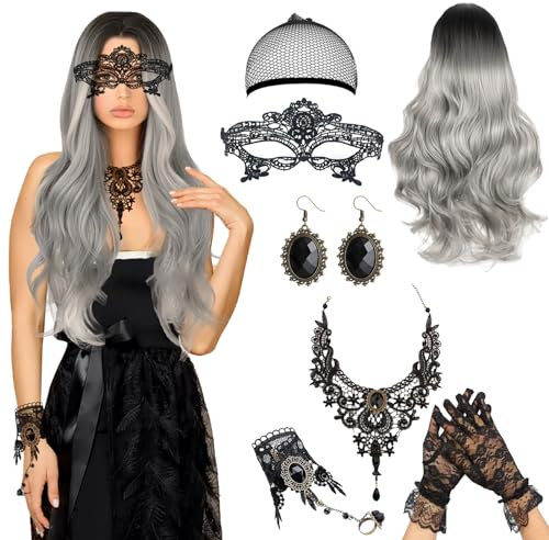 Perücke Damen, 70cm Silbergrau Perücke Frauen Kostüm Halloween, Grau Perücken Lange mit Gothic Schmuck Damen Spitze Maske Lace Handschuhe,Grey Wig Lang Haar Gelockt für Halloween Karneval Kostüm Party