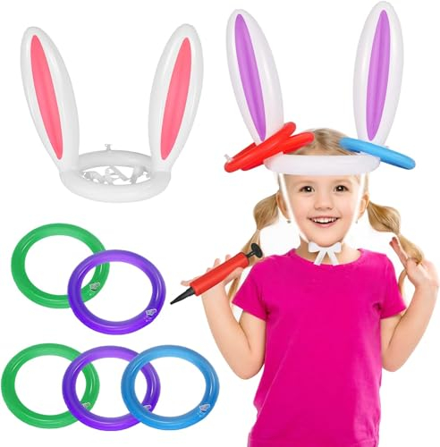 Aufblasbare Ringwurfspiel, 2 Sets Ringwurfspiel Hut, Osterhase Aufblasbar, (2 Aufblasbare Hasenohren und 8 Ringe) Perfekt für Osterparty, Familienspiele und Spiele im Freie