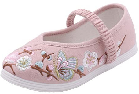 Scarpe da principessa da ragazza con fiori da festa, suola morbida antiscivolo, scarpe da ballo per bambini, scarpe da sera principessa, scarpe da sposa ricamate stile antico Cheongsam, Colore: rosa.,