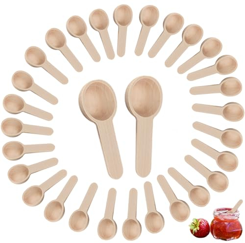 HANIUTTY 30 PCS Petites Cuillères Rondes en Bois, Petites Cuillères de Cuisine, Mini Cuillères en Bois Petites Cuillères à Sel Pour Sel, Pots de Confiture Épices Sucre(6,8 X 2,4 X 1 Cm)