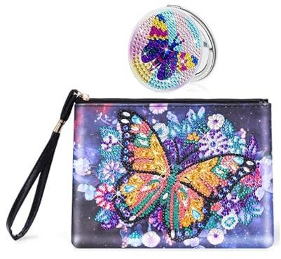 Hocadrv Diamond Painting Kinder Set Basteln Mädchen 6-12 Jahre Diamantmalerei Beutel und Makeup Spiegel Geschenk Mädchen 6 7 8 9 10 Jahre Kleine Kosmetiktasche DIY Kunsthandwerk Diamant Painting