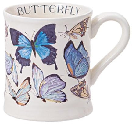 DZGUAI Butterfly Ceramic Coffee Mug Butterfly Gift Half-Pint Coffee and Tea Mug Tea Cup Coffee Mug Vintage Flower Blossom Mug (Blue)