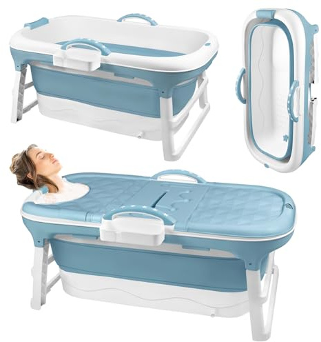 Eldzenith Faltbare Badewanne, Klappbare Badewanne mit Abnehmbare, Mobile Faltbare Badewanne Erwachsene mit Kissen Abdeckung Massagerollen für Camping Indoor Outdoor (112x62x52cm)