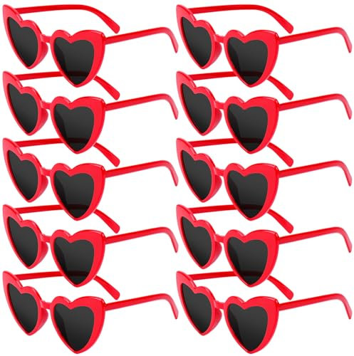 SelfTek Herz Brille Rot, 10 Stück Retro Herz Sonnenbrille Partybrille Herzform Brille, Vintage JGA Brillen Hippie Herzförmige Brille, Herzchen Brille für Party Hochzeit Karneval