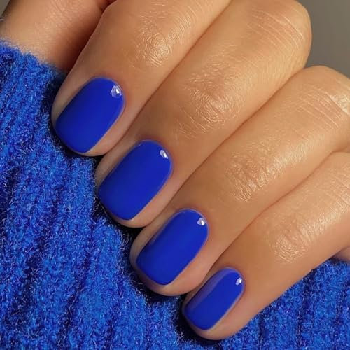 SXVME 48 Pcs Royal Blue Press on Nails Short Square Acrylic False Nails Short Coffin Natural Fake Nail Set Elegant Solid Color Full Cover Glossy Gel Stick on Nails for Women Daily Wear