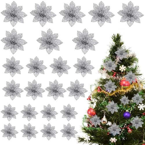Yuqilin 24 Pièces Fleur de Noel 3 Tailles Decoration Noel Sapin avec Paillettes Décoration Noël Fleurs Pétales Double Couche pour Décorations Sapin Noël Couronnes Table et Fête (Argent)