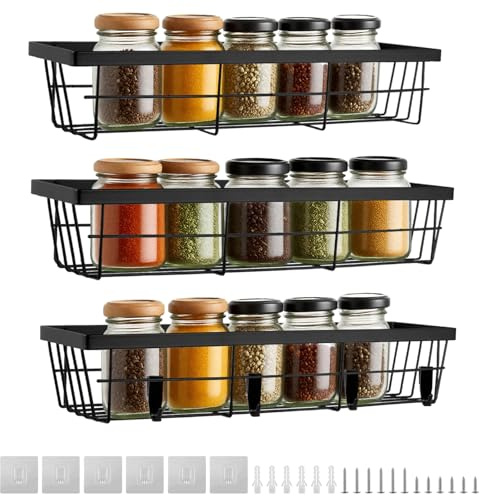 3er Gewürzregal Wand Ohne Bohren, Gewürz Organizer mit Beweglichen 4 Haken | Gewürzhalter Hängend, Gewürzhalter Schranktür, Metall Spice Rack Wall, Selbstklebend & Schraubmontage - Schwarz