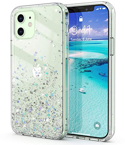 ULAK for iPhone 12/12 Pro Case Glitter, Clear Sparkly Stars Soft TPU Bumper + Hard PC Back Cover for Women Girls Protective Phone Case Compatible with iPhone 12/iPhone 12 Pro 6.1'', Silver