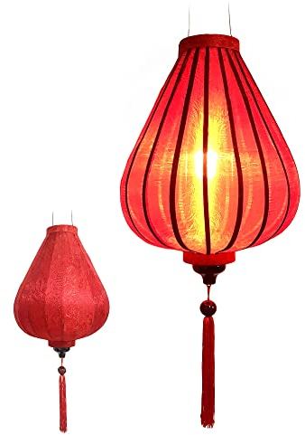 Lampion Asiatische Seide Rot G - Durchmesser Ø 33 cm - Hoi An Laterne aus Stoff, Bambus und Holz - Vietnamesisches Kunsthandwerk und Asiatische Dekoration (Ref. G25-R)