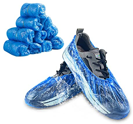Gvolatee 100 Stück Überziehschuhe Einweg Blau, Anti-Rutsch Wasserdicht Kunststoff Schuhüberzieher Rutschfest, Universalgröße Überschuhe, Staubdicht Schuh Überzug für Medizin, Bau, Garten, Fabrik
