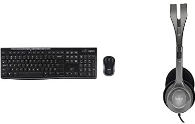 Logitech MK270 Wireless Keyboard and Mouse Combo, Black & H110 Wired Headset, Stereo Headphones with Noise-Cancelling Microphone, 3.5-mm Dual Audio Jack, PC/Mac/Laptop - Black