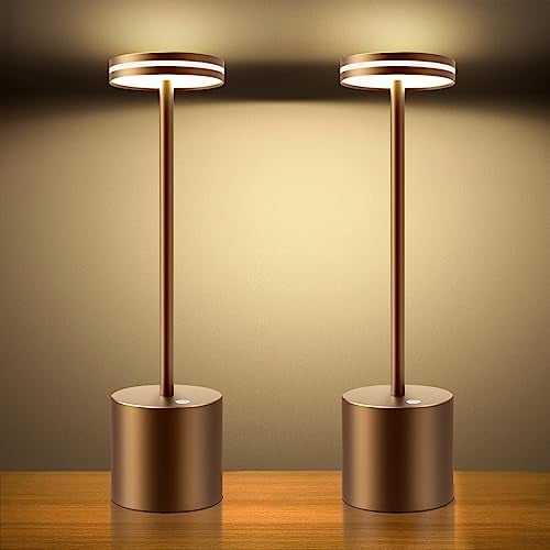 Hapfish 2 Stück LED Akku Tischlampe Kabellos, 5000mAh Moderne Dimmbar Tischleuchte, Aluminium, 3 Farbtemperatur, Tischlampen Aufladbar für Indoor Outdoor Nachttisch Esstisch Bar Terrasse (Braun)