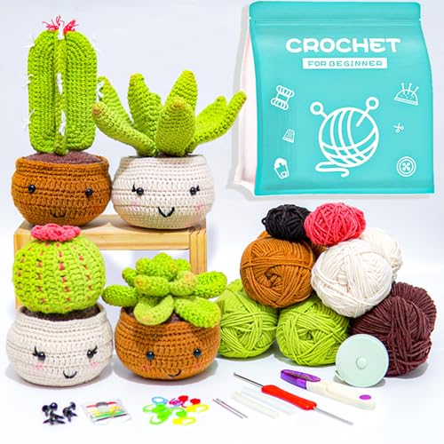 IFUNY Crochet kit for Beginners Adults,Crochet Animal Kit, Complete Knitting Kit with Yarn, Crochet Hooks, Step-by-Step Video, Learn to Crochet Starter kit for Beginners(4 pcs Cactus