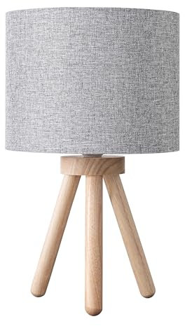 EDISHINE 34 cm Bedside Lamps, Grey Linen Lampshade, Wooden Tripod Table Lamps for Living Room, Bedroom, Kids Room, LED Bulb Included, E27 Socket