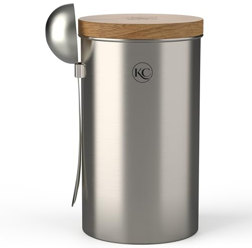 KC Kitchen & Co. Kaffeedose mit Löffel für 250 Gramm Kaffeebohnen, Tee, Zucker, Gewürze (Silber, 700 ml) mit Luftdichtem Akaziendeckel