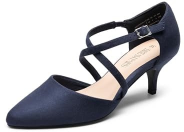 DERAM Pairs Womens Court Shoes Mid Heel Chunky Dress Sandals Pointed Toe Kitten Ladies Ankle Strap Wedding Party Pumps SDPU2437W-E,Size 5,Navy,SDPU2437W-E
