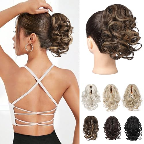 REECHO Pferdeschwanz Haarverlängerung, 23 cm Kurze lockige gewellte Haarklammer Haarteil Pferdeschwänze Haarverlängerungen Haarteile Ponytail Extension - Kastanienbraun mit goldenen Highlights