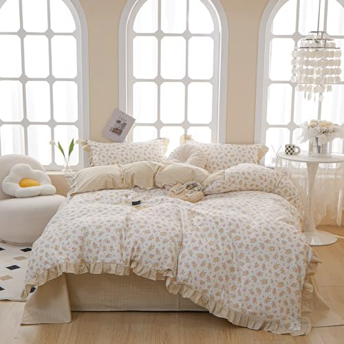 EAVD Bettwäsche-Set mit botanischem Blumenmuster, King-Size-Bett, weich, 100 % Baumwolle, Rüschen, Spitze, Garten, Rosa, Gelb, Blumenmuster, für Damen, schickes Vintage-Blumenmuster, Bettdeckenbezug