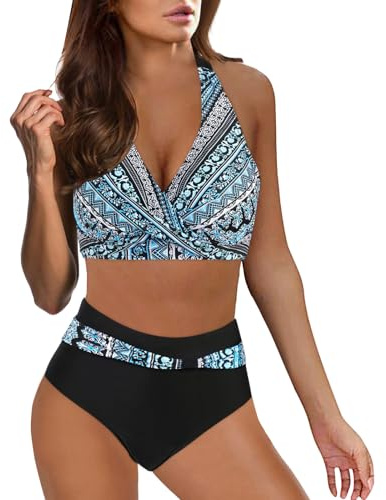 Generic Women's Bikinis Set Back Cross Solid Swimming Costume Ladies Push Up Vintage Beachwear High Waisted Tummy Control 2 Piece Swimsuits Twist Front Bikini Top Pleated Tropical Bathing Suit