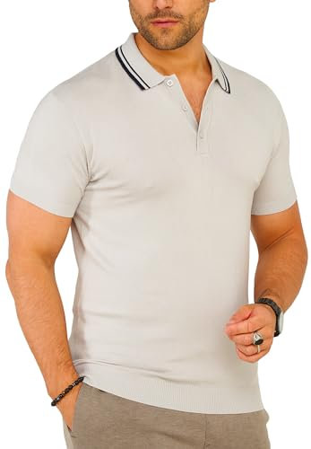 Soulstar Herren Strick Poloshirt Kurzarm T-Shirt Polo-Hemd Knit Oberteil mit Knopfleiste Strick-Polo Golf-Polo Tennis-Polo mit Kontrast-Stripes S2_KP-101-Grey-XL