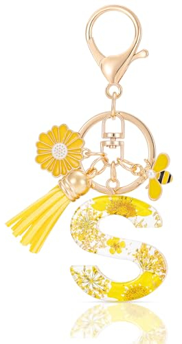MWOOT Letter Keychain Initiale Schlüsselanhänger Buchstabe S,Alphabet Harz Blume Key Chain mit Gänseblümchen Biene Quaste Anhänger Handtasche Geldbörse Charm,Gelb Blütenblatt Keyring für Frauen(S)