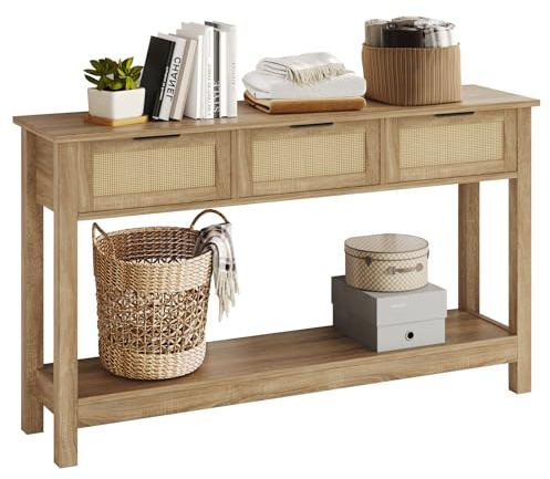 Luoxiao Rattan Console Table 3-Drawer 47 Narrow Wood Entryway Sofa Table