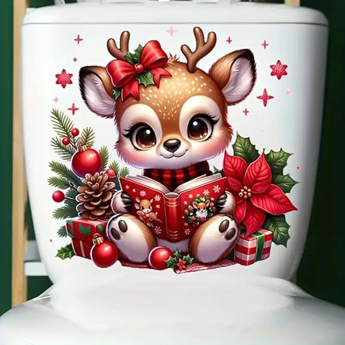 Merry Christmas Deer Flower Pine Moose Toilet Cover Sticker Decals, Tortoise Seaseed Fish Ocean Waterproof Toilet Lid Tank Seat Decals Cistern Self-Adhesive Bathroom Wall Sticker