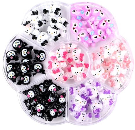 70 Pcs 3D Cartoon Nägel Charms - Farbenfroh Nail Art Charms - Cute Zeichentrick-Tier Nagelstecker Schmucksteine mit Hase Katze Muster - Nagel Schmuck für Frauen DIY-Dekoration (Black & Pink 027)