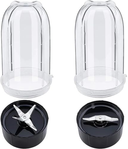 XYWOPO Paquete de 2 Vasos Altos de 16 onzas con Combo de Cuchilla Cruzada y Plana, for licuadora exprimidora Magic Bullet 250 W MB-1001 Cuchilla de Repuesto para licuadora