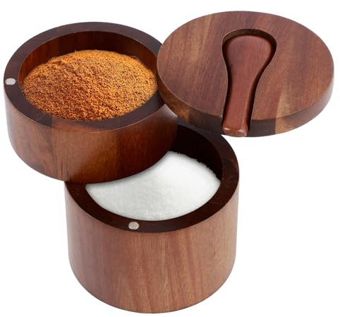 GWCYMYD Salero 2 en 1, doble capa, giratorio, madera de acacia, recipiente para sal con tapa magnética y cuchara, olla de sal para guardar sal, pimienta, especias, café