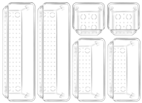 AWAOVV 6pcs Drawer Organiser Set, 3 Sizes Clear Drawer Dividers, Dressing Table Organiser, Makeup Storage Tray,Cupboard Organiser for Cosmetic,Stationery,Gadgets,Dressing Table,Bathroom,Bedroom