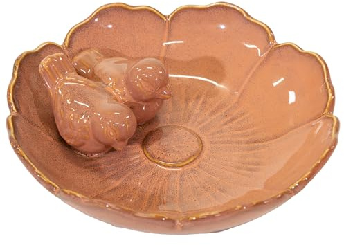 Fachhandel Plus Vogeltränke Keramik Fleur, blütenförmiges Vogelbad mit 2 Deko Vögeln, glasiert und wetterfest für Garten Balkon Terrasse Hochbeet (Rotbraun 23 cm)